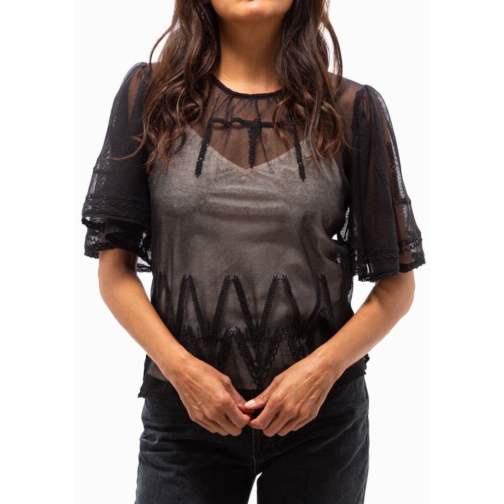 St. Roche Blythe Top Embroidered Mesh Short Sleeves Sheer Black Size 2 NEW